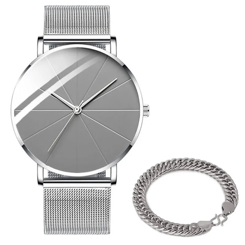 Relógio Minimalista de Quartzo Masculino, Aço Inoxidável, Cinto de Malha, Sim