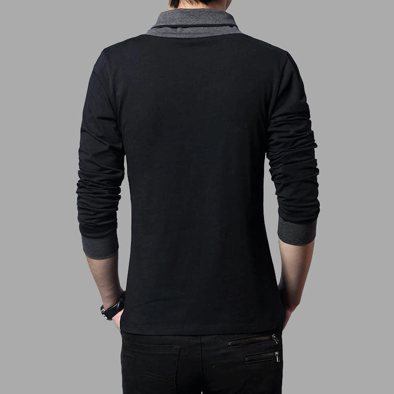 Camiseta de manga comprida slim fit masculina, T colarinho patchwork, camisas de