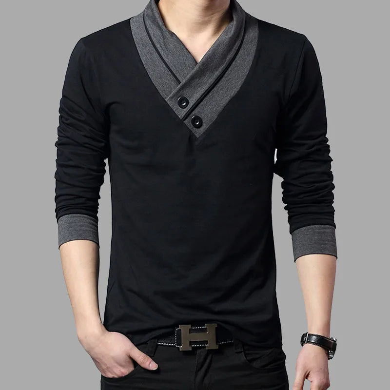Camiseta de manga comprida slim fit masculina, T colarinho patchwork, camisas de